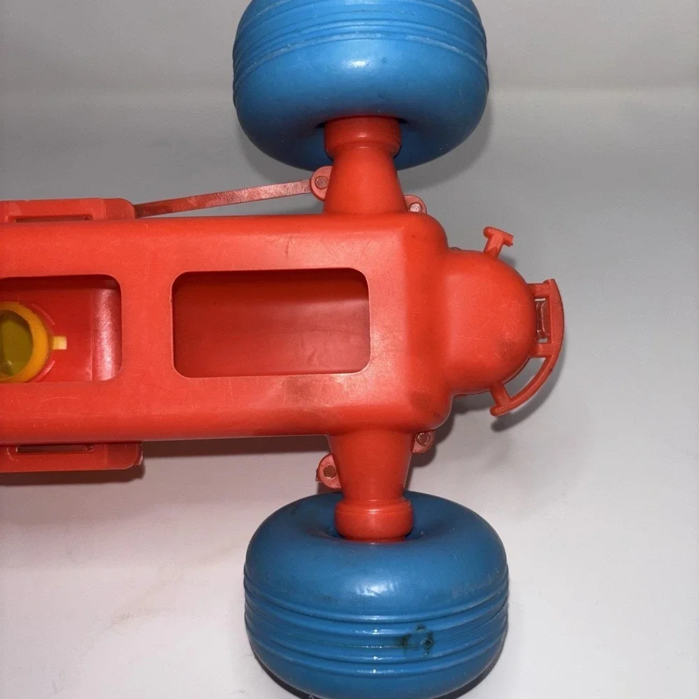 Vintage 1960s Plastic Pull Race Car Red Blue Yellow Driver Toy AS‎ IS
